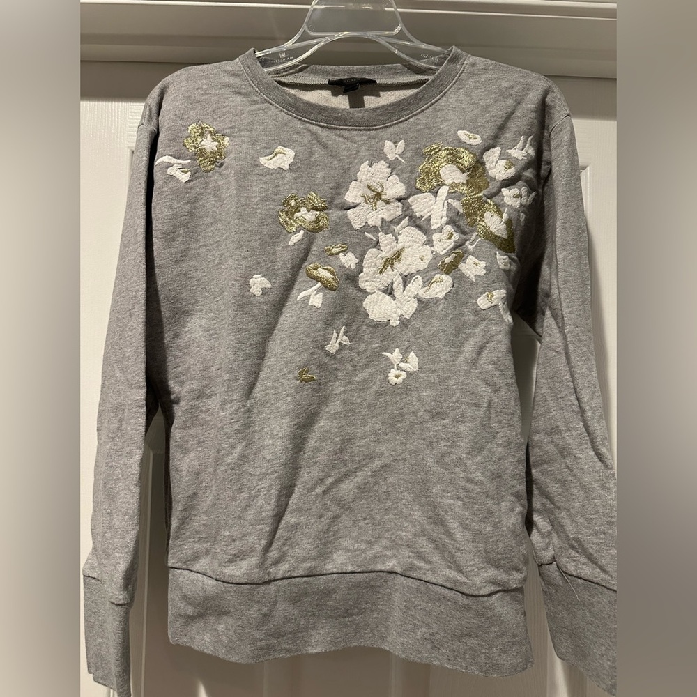 J Crew Gray Sweatshirt with Floral Embroidery with gold metallic thread.